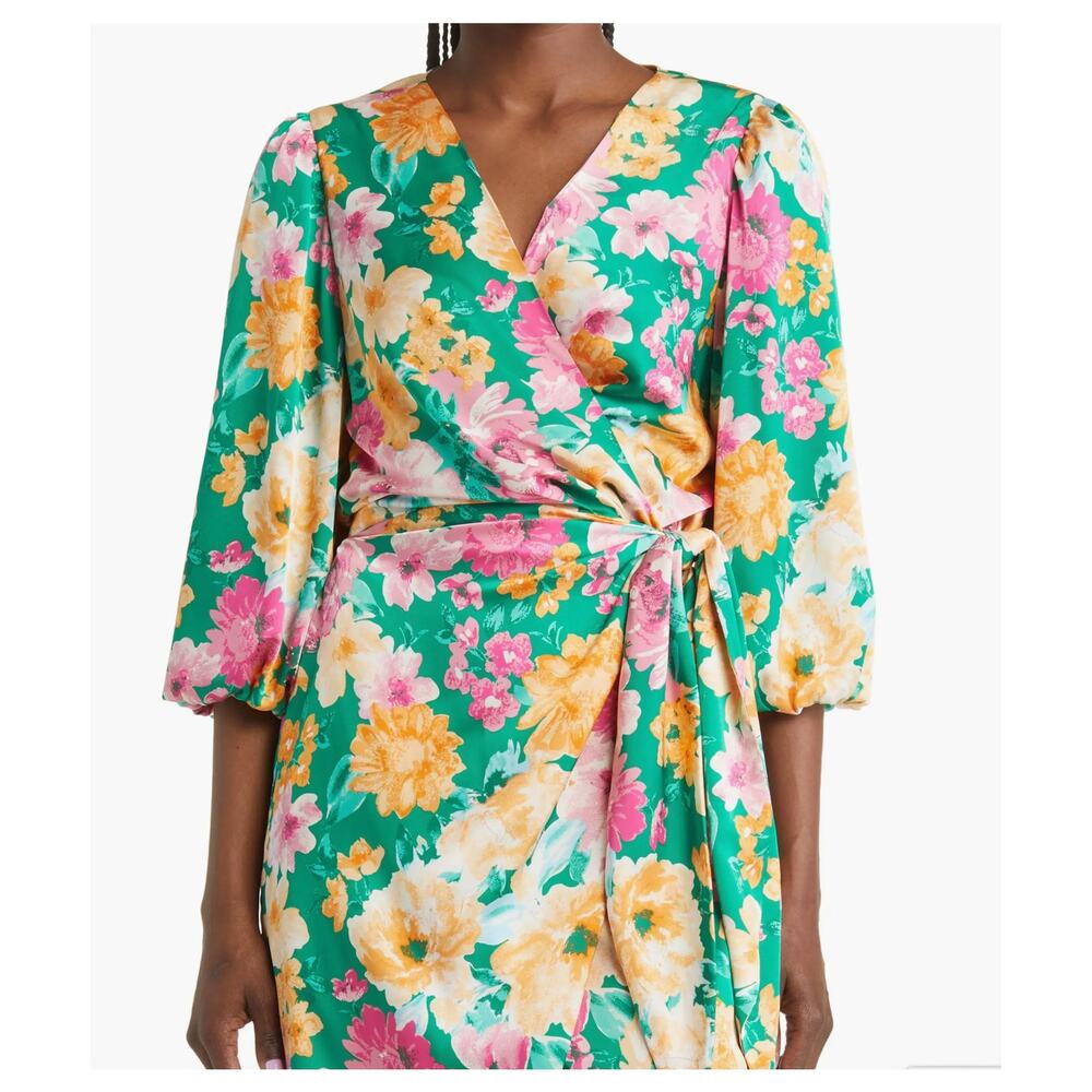 Charles Henry Green Floral Satin Wrap Minidress XL